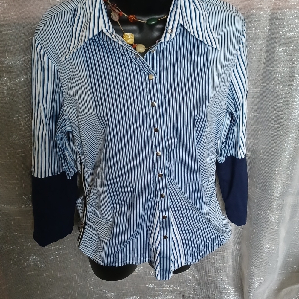 Antilia Femme Blue & White Striped Blouse, unusual, snap closure, side zippers